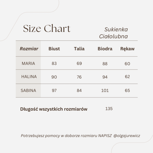 tabela rozmiarów na beżowym tle